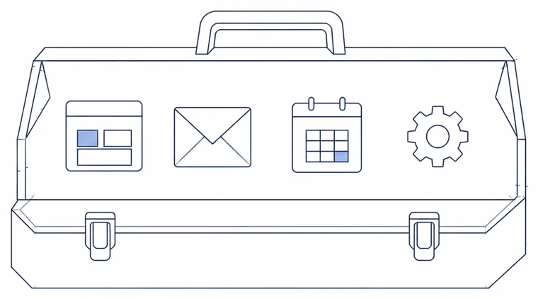 ブラウザ、メール、カレンダー、歯車のアイコンが入った工具箱の絵