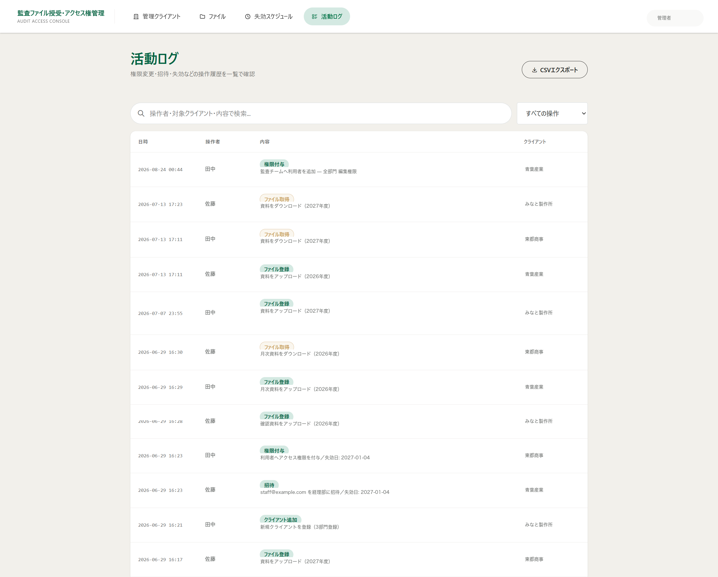 Audit Access Consoleの操作ログ画面