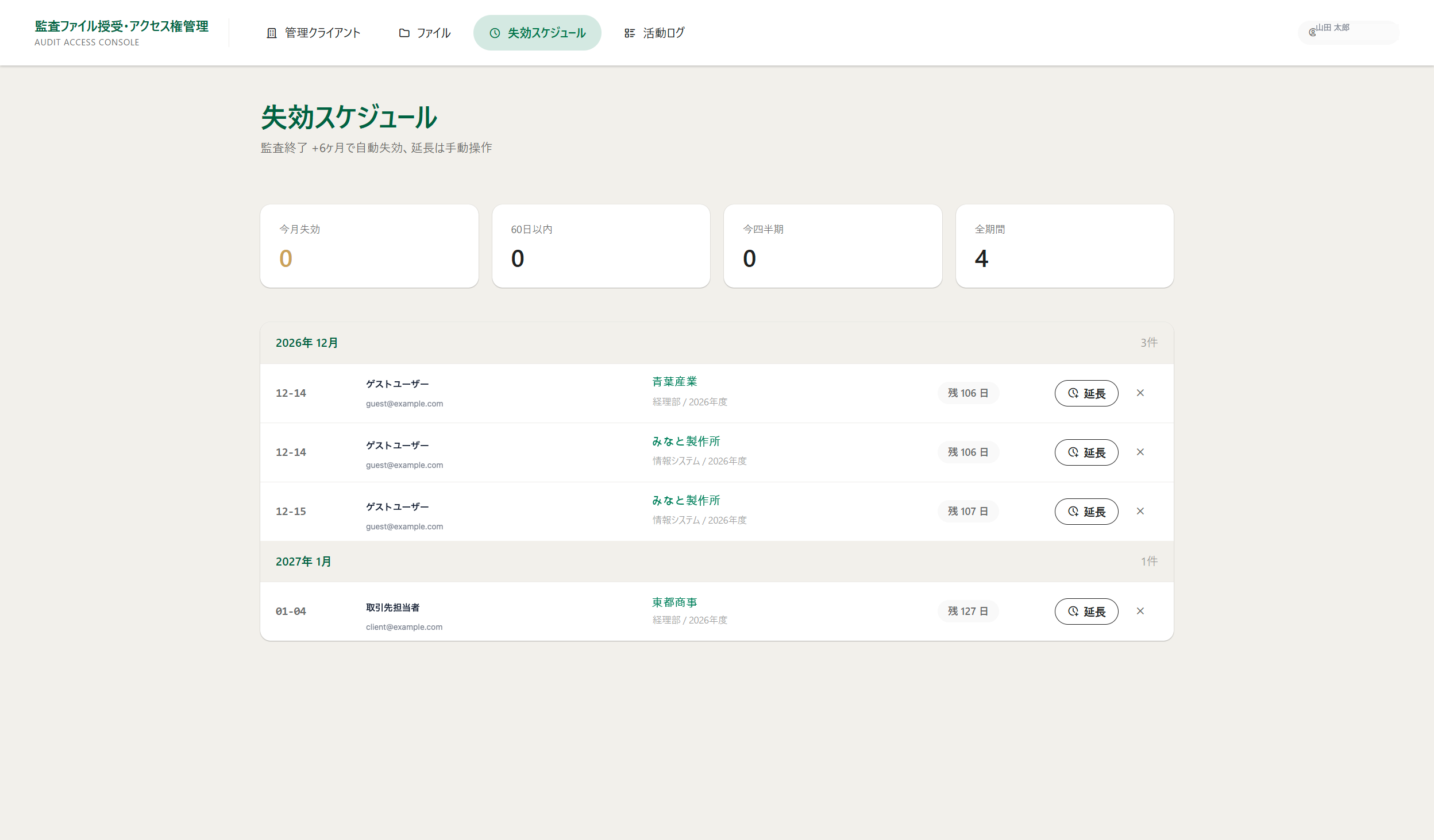 Audit Access Consoleのアクセス権失効スケジュール画面