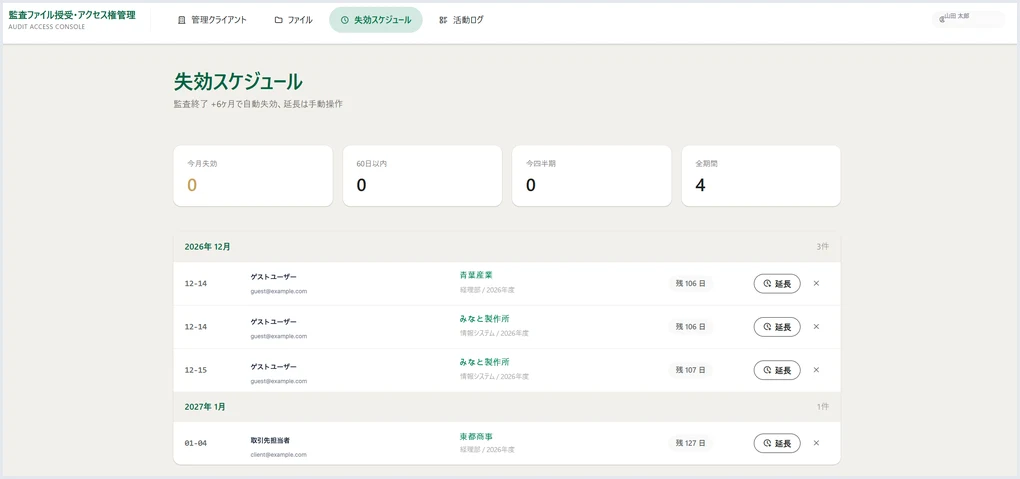 Audit Access Consoleのアクセス権失効スケジュール画面
