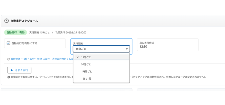 自動実行スケジュールの設定画面。実行間隔と次の実行時刻を指定する